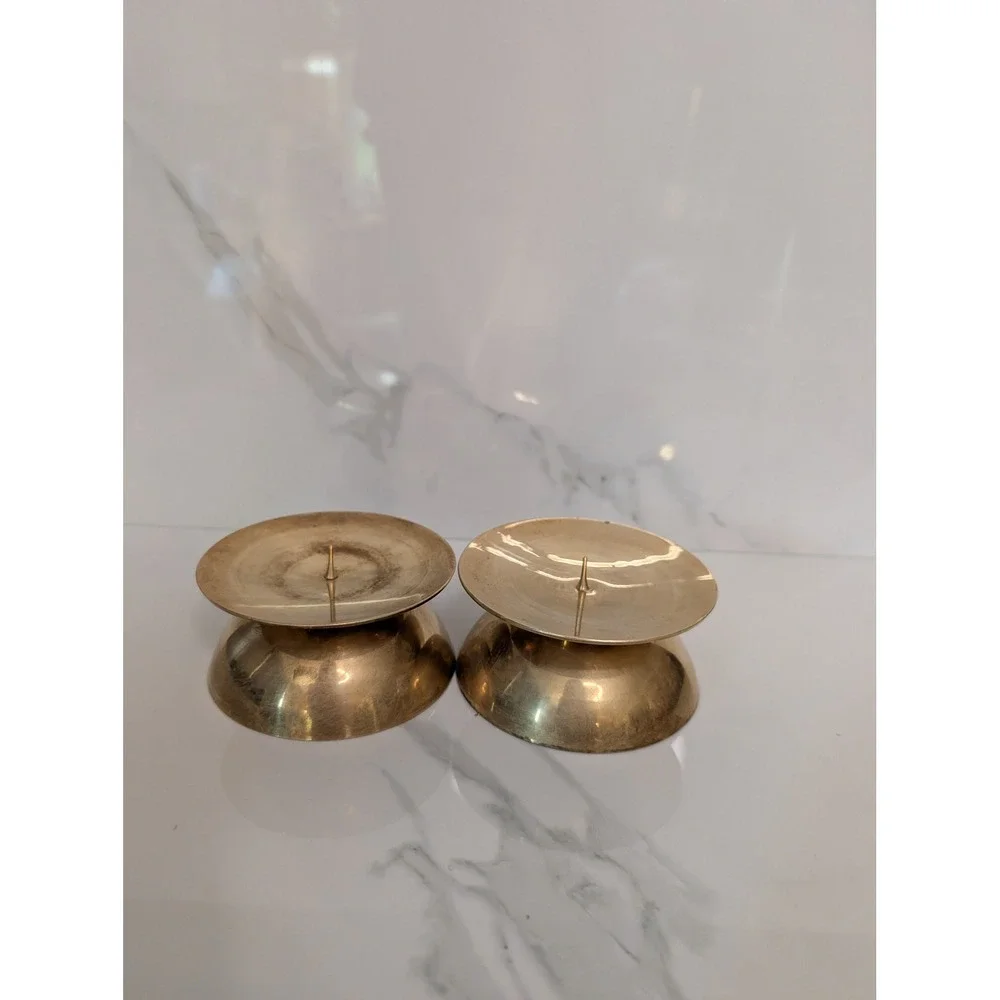 Vintage Solid Brass Spike Pillar Candle Holder Set of 2 Mid Century Modern Gold